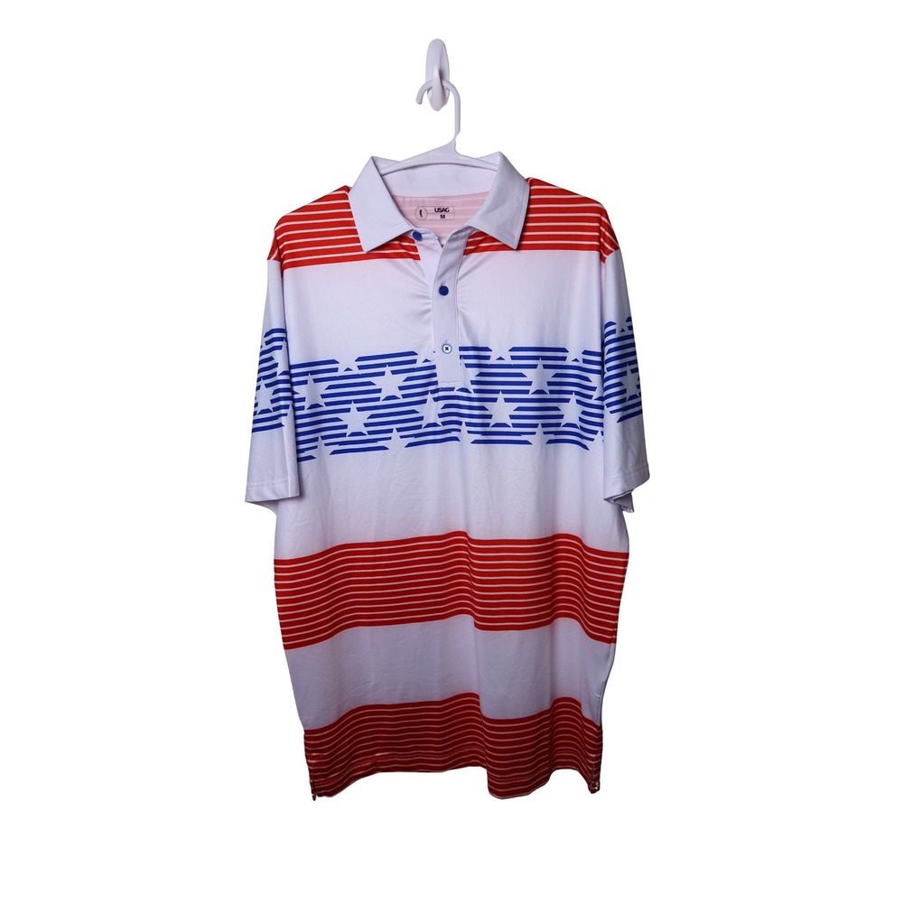 USAG Men Medium Patriotic Stars and Stripes Polo Shirt Red White Blue Americana